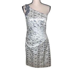 London Style Nights White and Silver One Shoulder Embellished Cocktail Dress Sz6